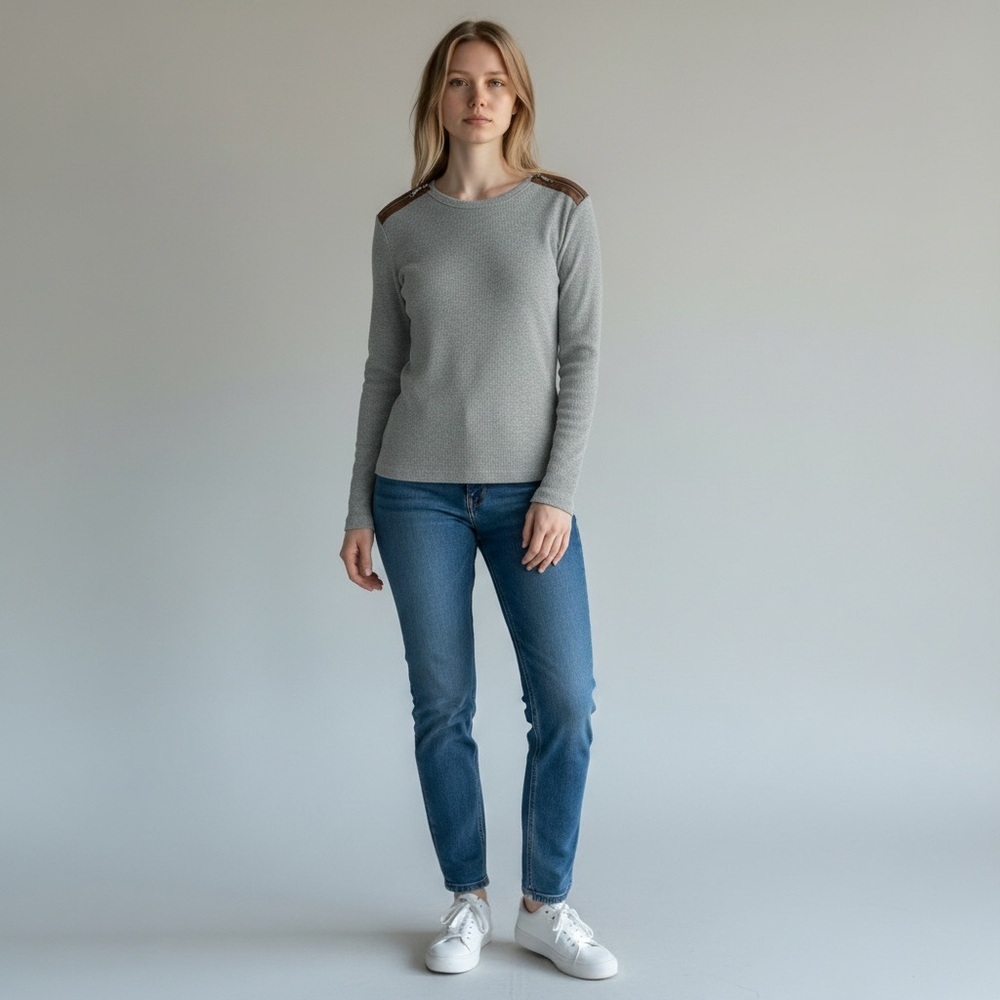 Ralph Lauren Gray Long Sleeve Women's Top with Leather Zipper Detail Size L